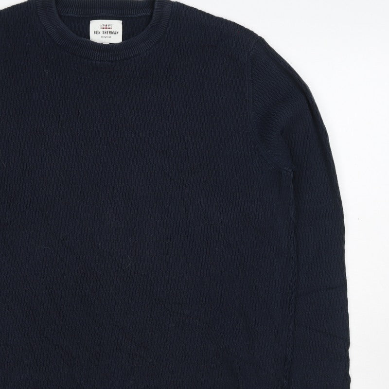 Ben Sherman Men’s Blue S Crew Neck Waffle Knit Cotton Pullover Jumper