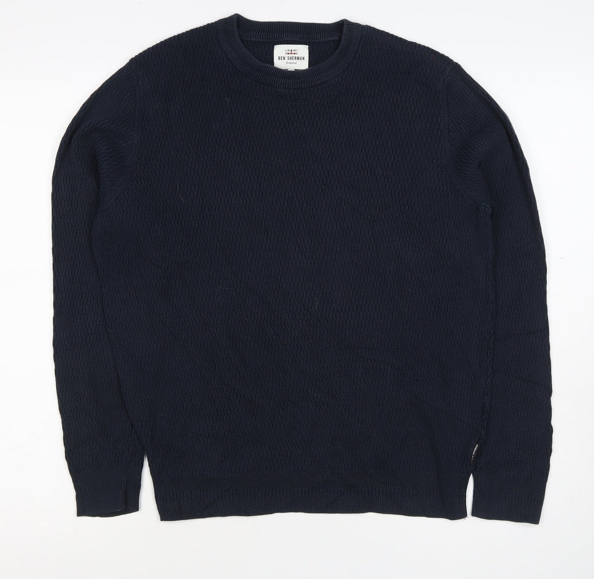 Ben Sherman Men’s Blue S Crew Neck Waffle Knit Cotton Pullover Jumper