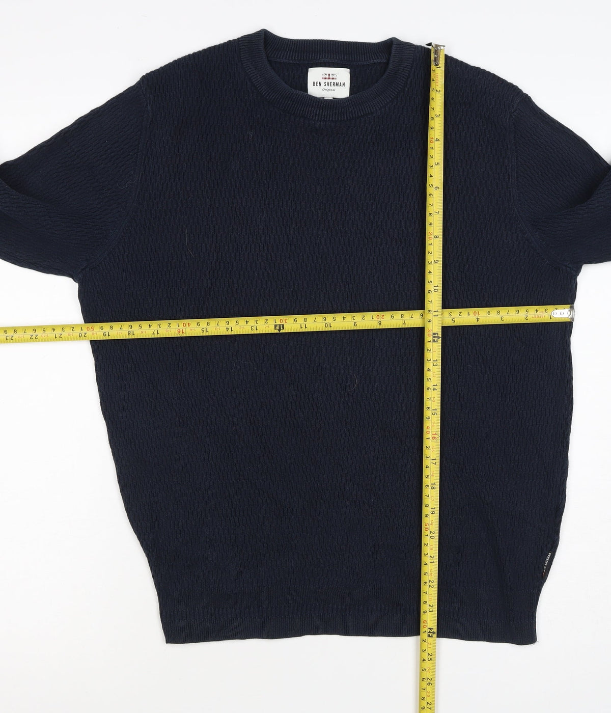 Ben Sherman Men’s Blue S Crew Neck Waffle Knit Cotton Pullover Jumper