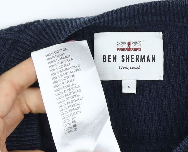 Ben Sherman Men’s Blue S Crew Neck Waffle Knit Cotton Pullover Jumper