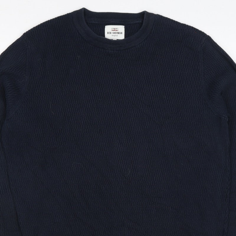 Ben Sherman Men’s Blue S Crew Neck Waffle Knit Cotton Pullover Jumper