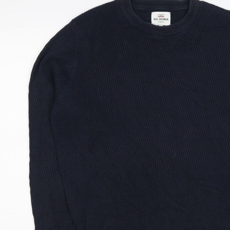 Ben Sherman Men’s Blue S Crew Neck Waffle Knit Cotton Pullover Jumper