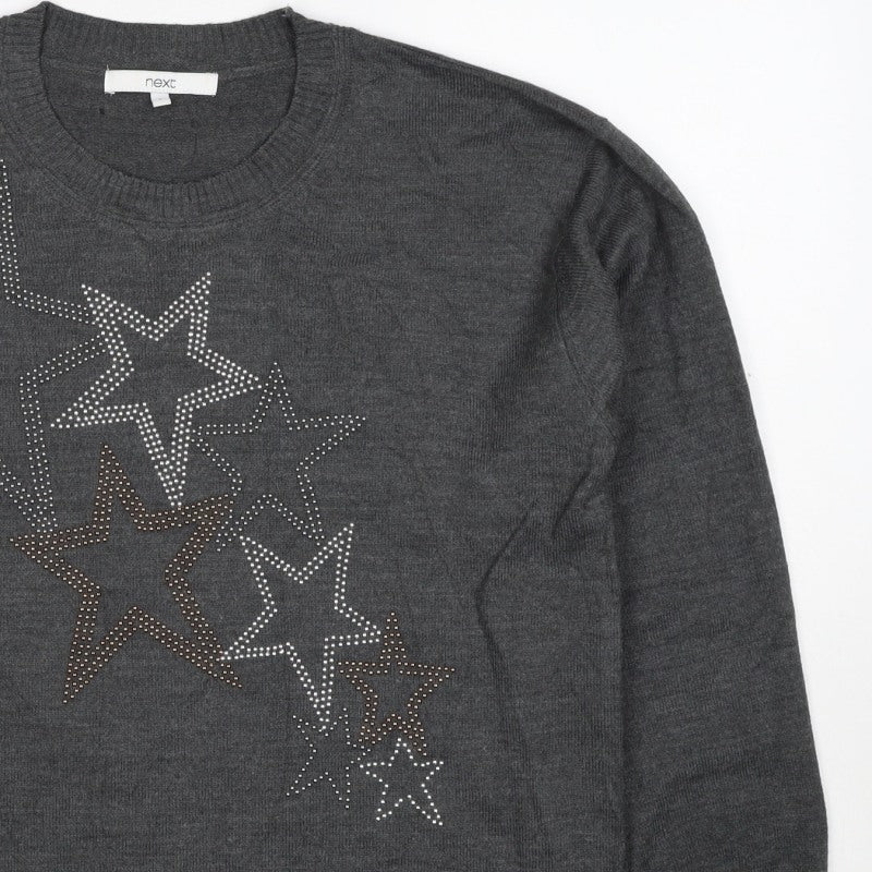 Next Women’s Grey Merino Wool Star Rhinestone Crew Neck Jumper Size S
