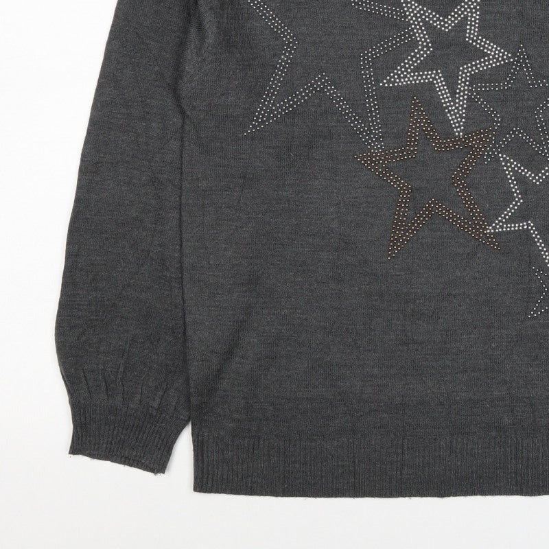 Next Women’s Grey Merino Wool Star Rhinestone Crew Neck Jumper Size S