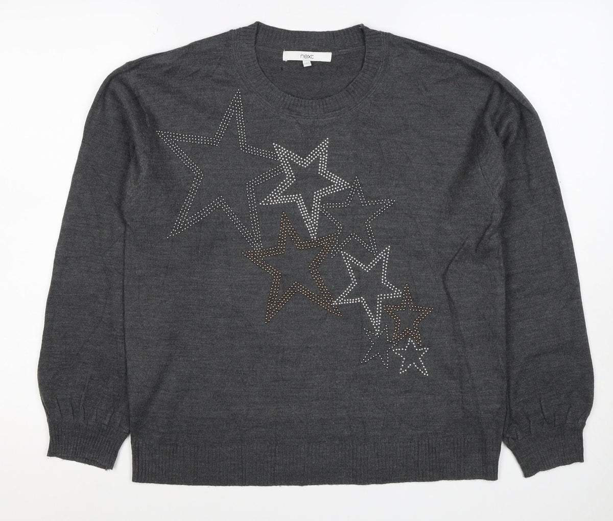 Next Women’s Grey Merino Wool Star Rhinestone Crew Neck Jumper Size S
