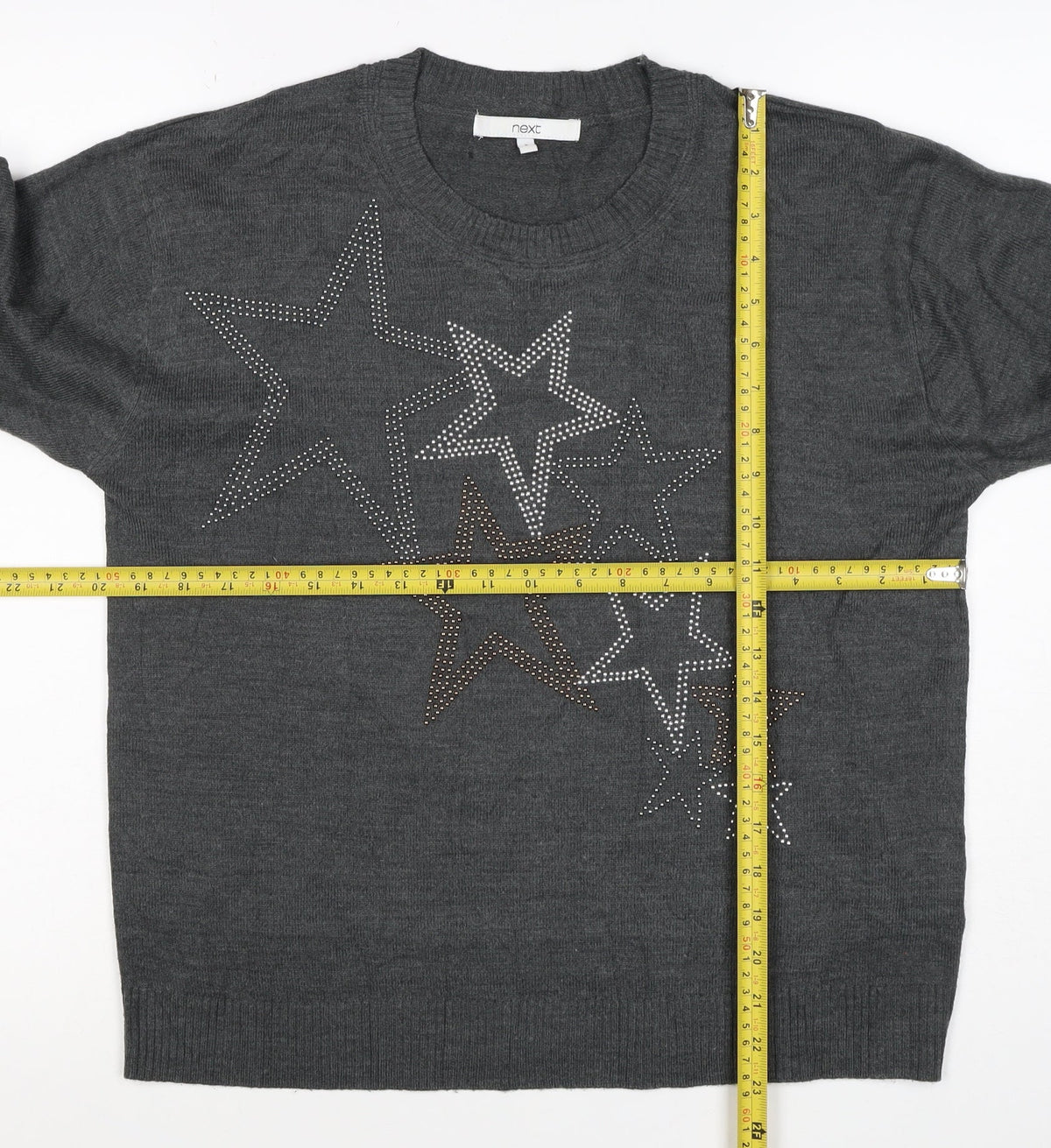Next Women’s Grey Merino Wool Star Rhinestone Crew Neck Jumper Size S