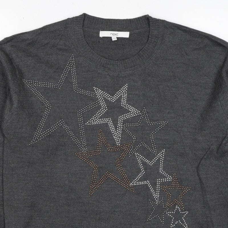 Next Women’s Grey Merino Wool Star Rhinestone Crew Neck Jumper Size S