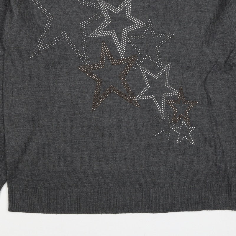 Next Women’s Grey Merino Wool Star Rhinestone Crew Neck Jumper Size S