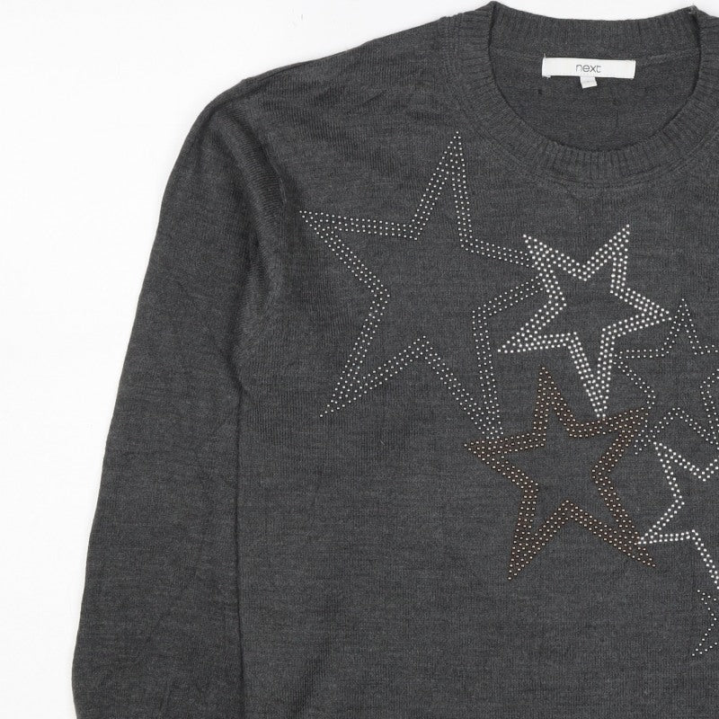 Next Women’s Grey Merino Wool Star Rhinestone Crew Neck Jumper Size S