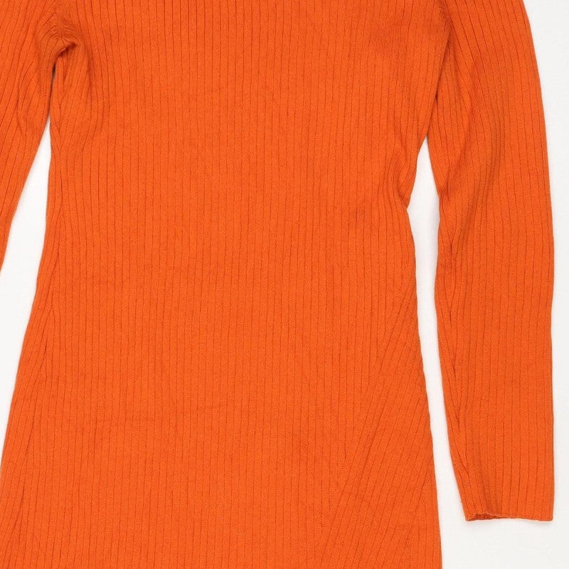 Mango Women Orange Ribbed Knit High Neck Tunic Jumper Size M