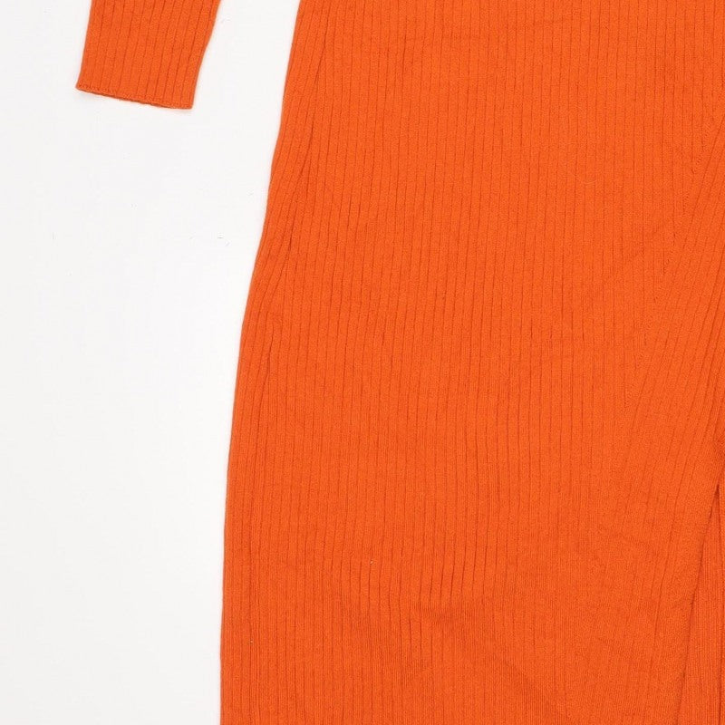 Mango Women Orange Ribbed Knit High Neck Tunic Jumper Size M