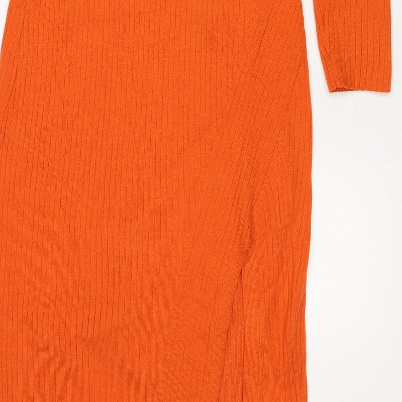 Mango Women Orange Ribbed Knit High Neck Tunic Jumper Size M