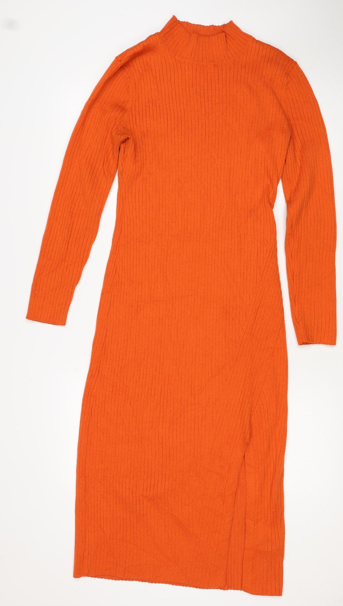 Mango Women Orange Ribbed Knit High Neck Tunic Jumper Size M