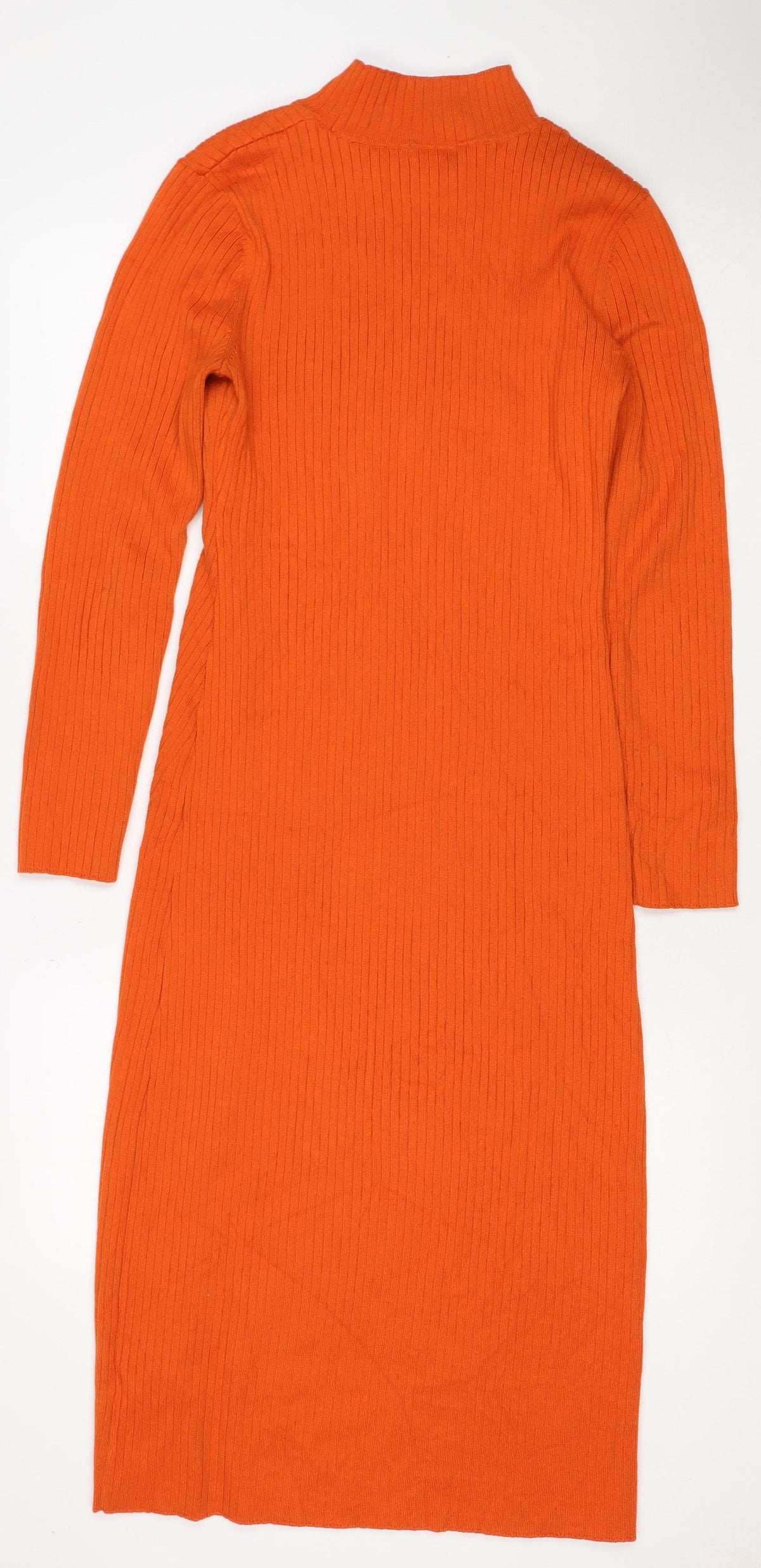Mango Women Orange Ribbed Knit High Neck Tunic Jumper Size M