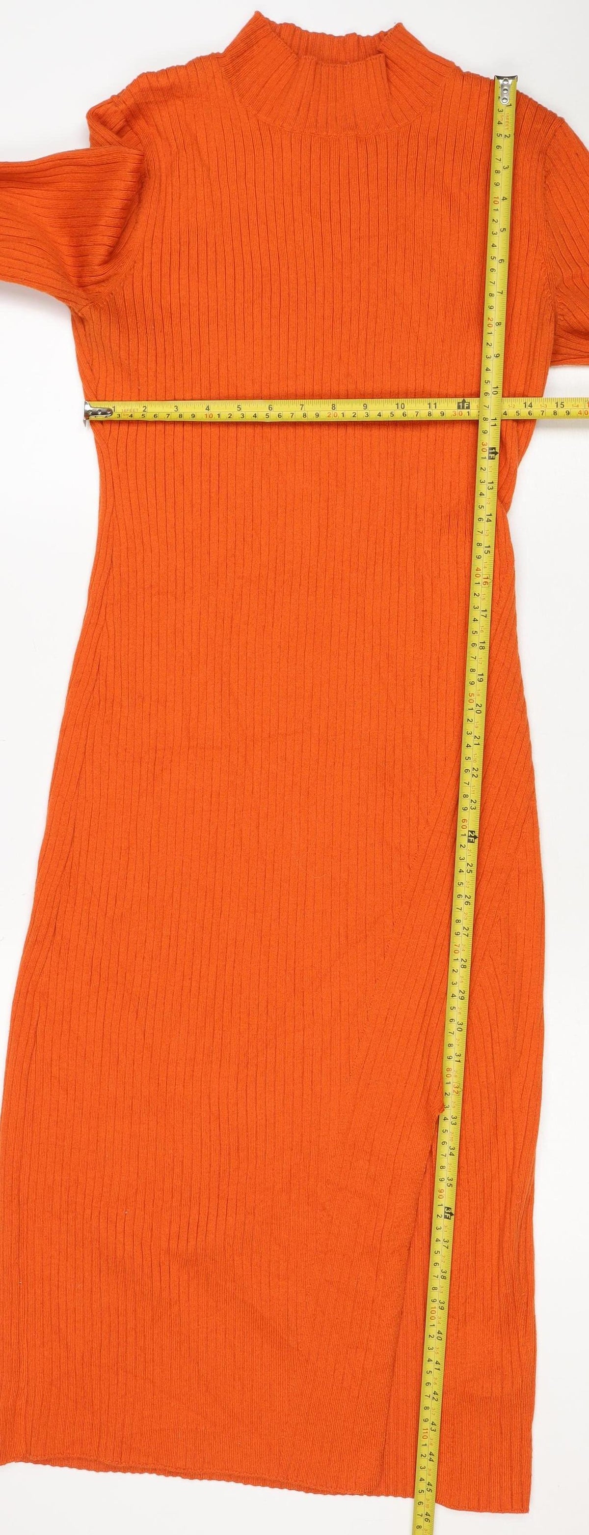 Mango Women Orange Ribbed Knit High Neck Tunic Jumper Size M