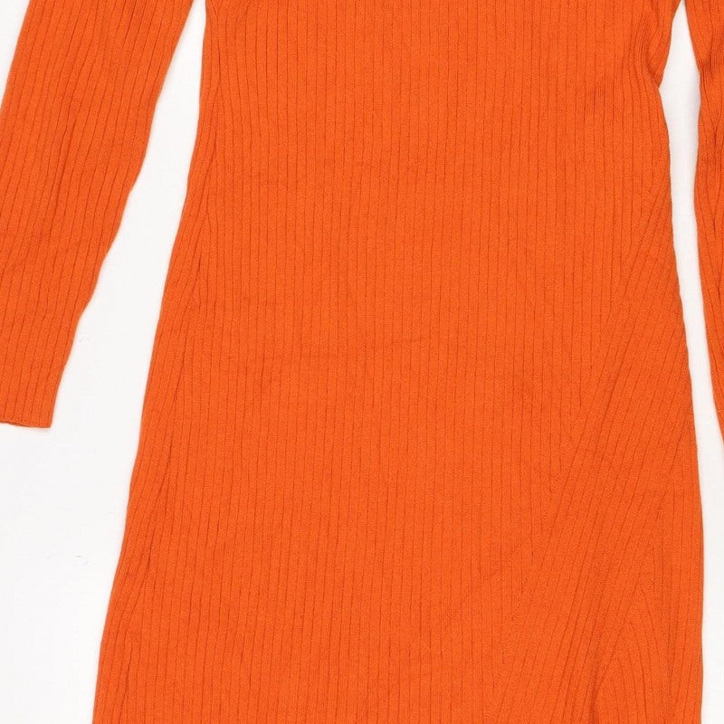 Mango Women Orange Ribbed Knit High Neck Tunic Jumper Size M
