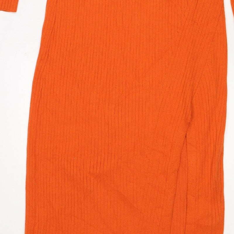 Mango Women Orange Ribbed Knit High Neck Tunic Jumper Size M