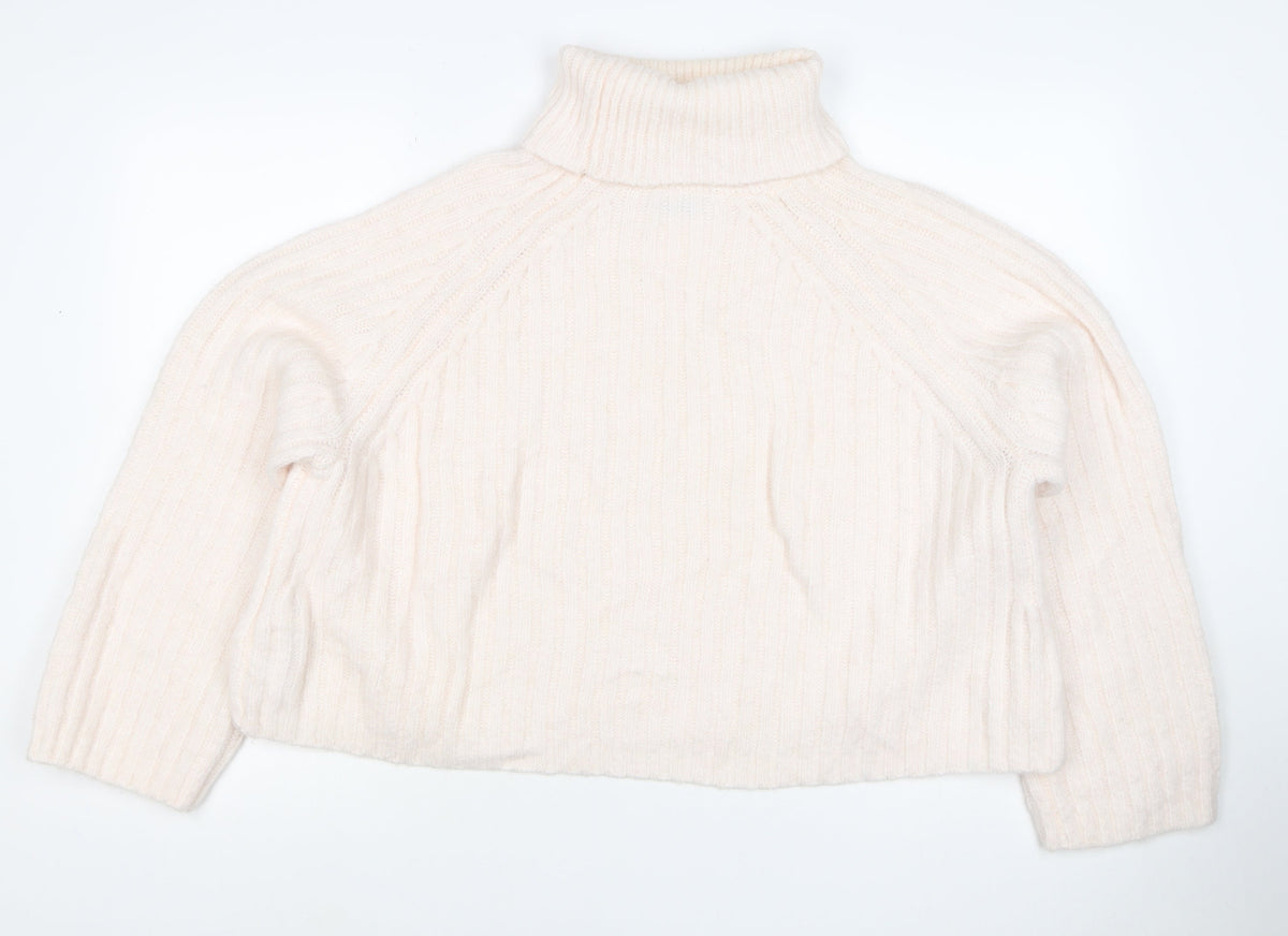 Zara Women Ivory M Roll Neck Ribbed Knit Alpaca Blend Jumper
