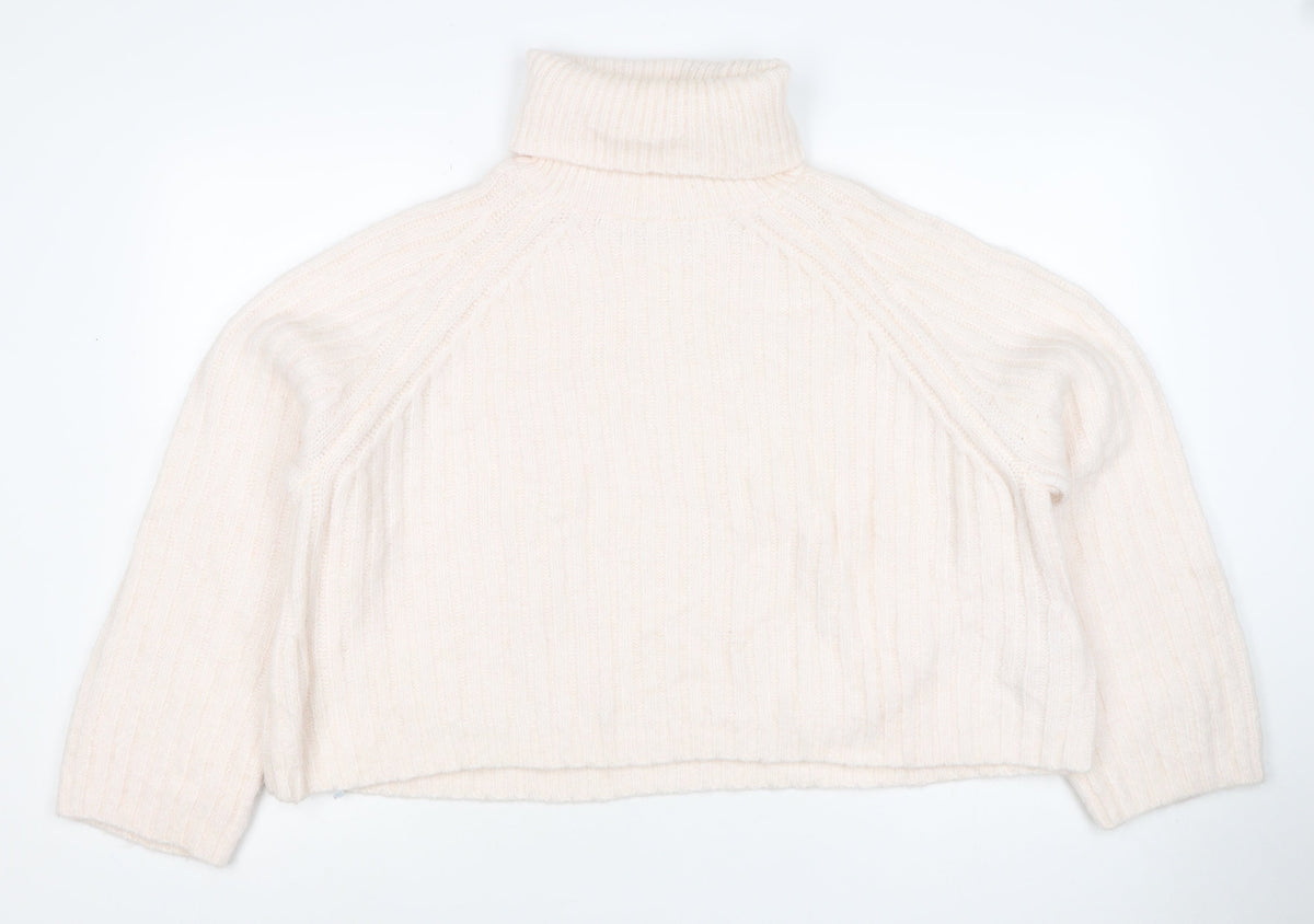 Zara Women Ivory M Roll Neck Ribbed Knit Alpaca Blend Jumper
