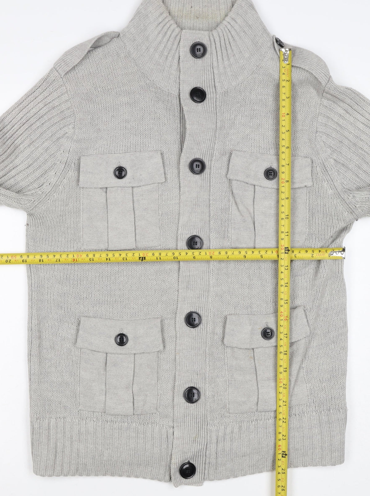 Dissident Men Grey L Button Knit Cardigan High Neck 4 Pocket