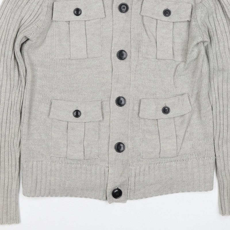 Dissident Men Grey L Button Knit Cardigan High Neck 4 Pocket