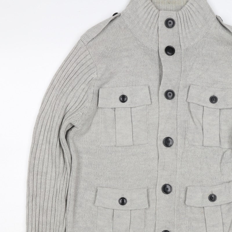 Dissident Men Grey L Button Knit Cardigan High Neck 4 Pocket