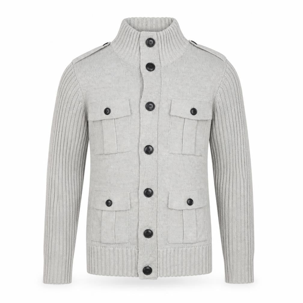 Dissident Men Grey L Button Knit Cardigan High Neck 4 Pocket