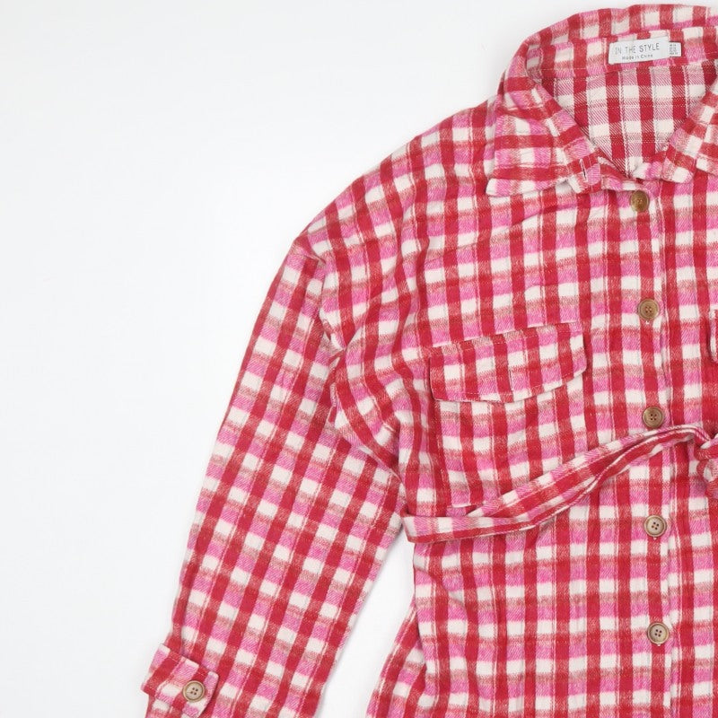In The Style Women’s Pink Check Belted Flannel Jacket UK 14