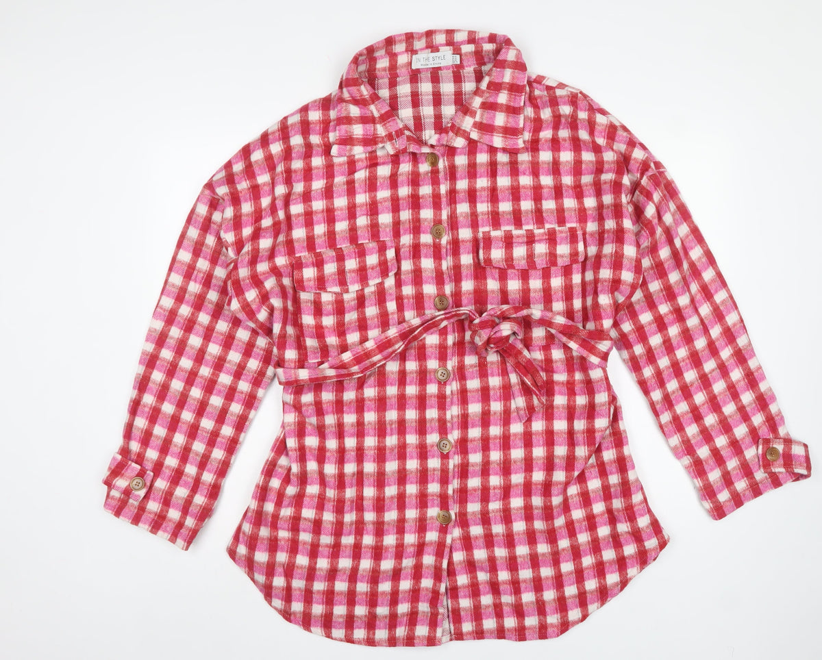 In The Style Women’s Pink Check Belted Flannel Jacket UK 14