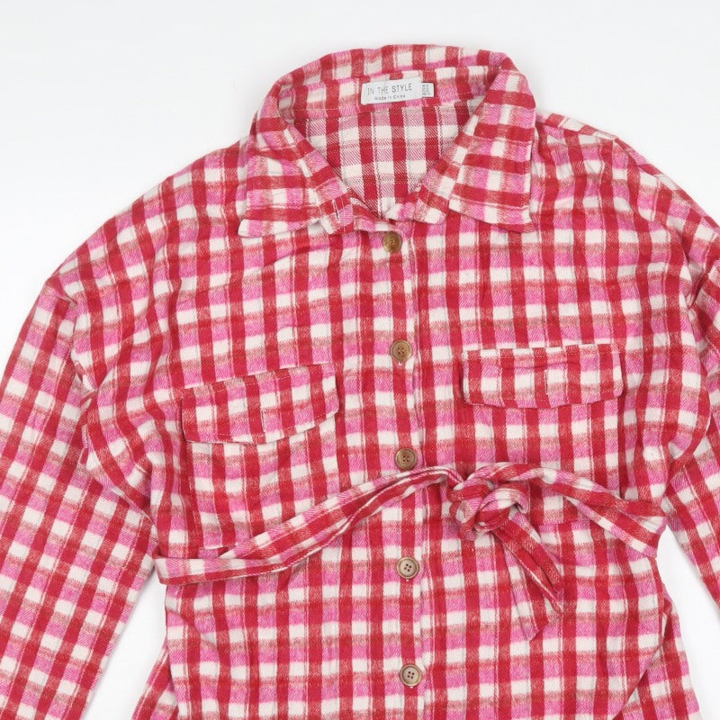 In The Style Women’s Pink Check Belted Flannel Jacket UK 14