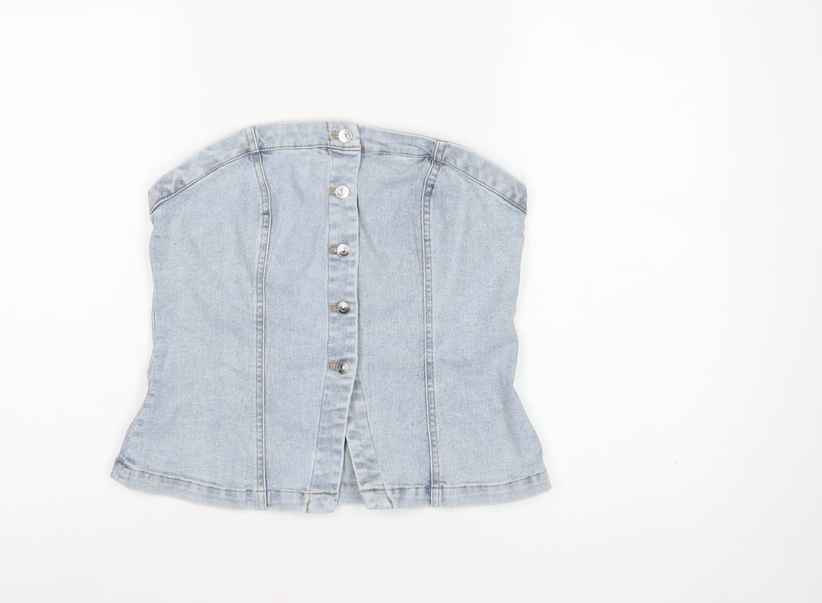H&M Divided Women Blue M Cropped Denim Strapless Button-Up Corset Top