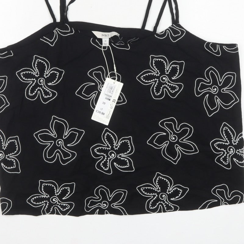 Marks and Spencer Women's Black Floral Cami Top UK 20 Linen Blend