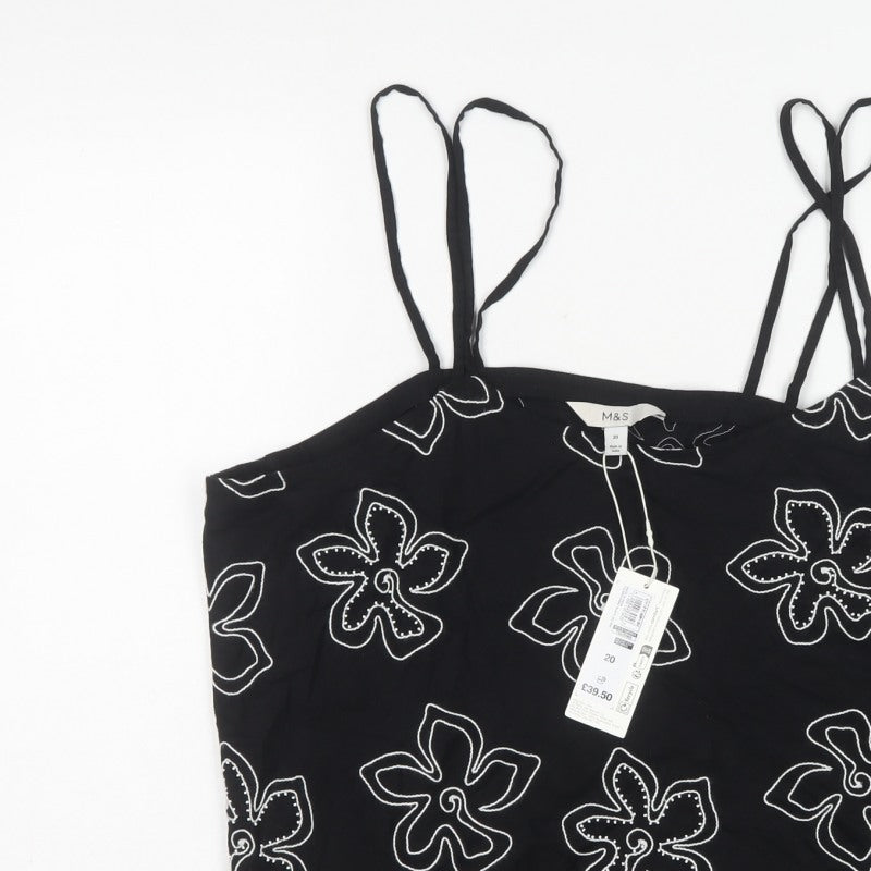 Marks and Spencer Women's Black Floral Cami Top UK 20 Linen Blend