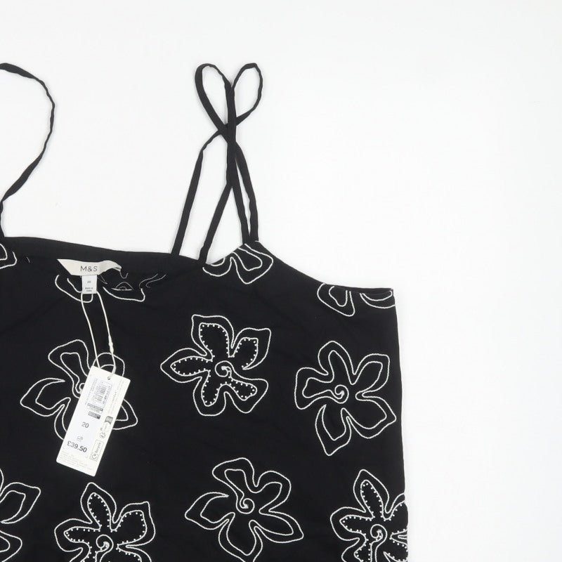 Marks and Spencer Women's Black Floral Cami Top UK 20 Linen Blend