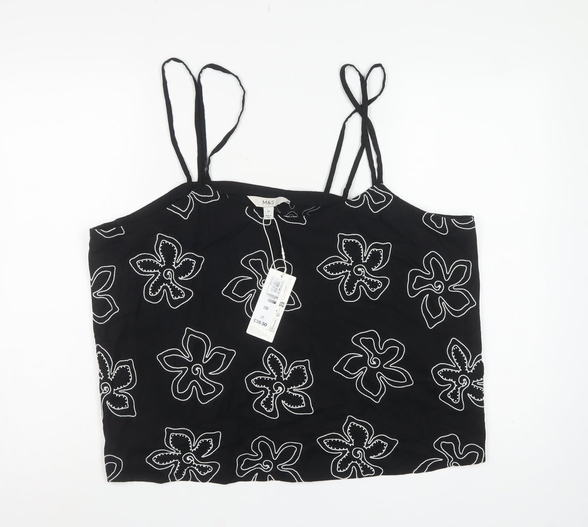 Marks and Spencer Women's Black Floral Cami Top UK 20 Linen Blend