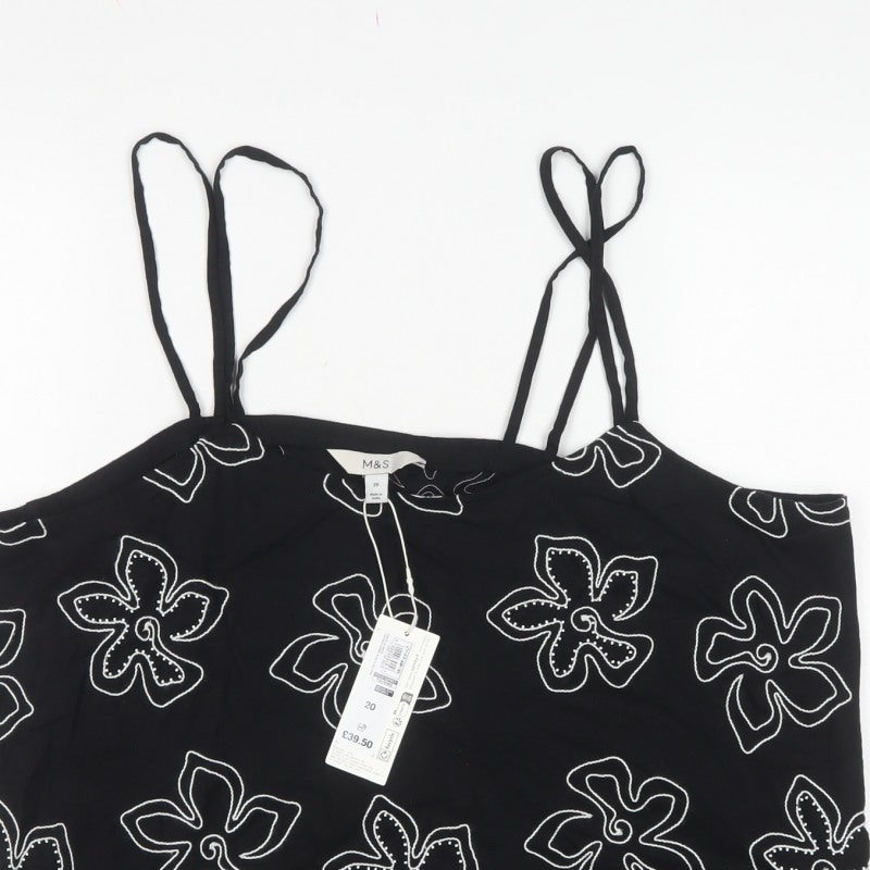 Marks and Spencer Women's Black Floral Cami Top UK 20 Linen Blend