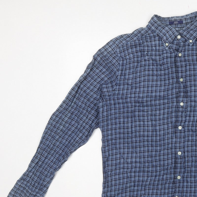 GANT Men's Blue Check Cotton Button-Down Long Sleeve Shirt L