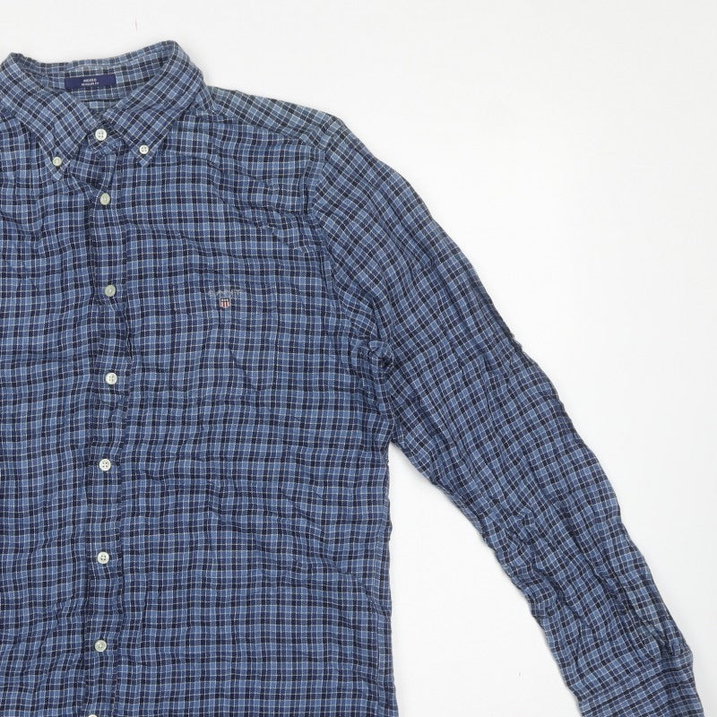 GANT Men's Blue Check Cotton Button-Down Long Sleeve Shirt L
