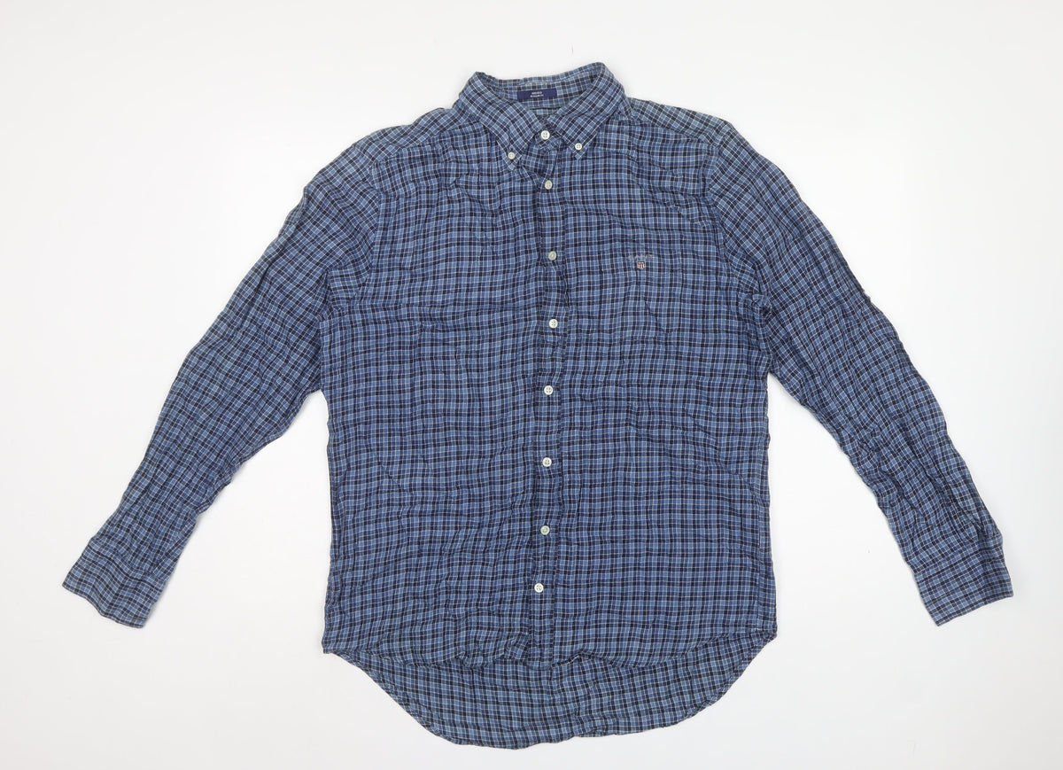 GANT Men's Blue Check Cotton Button-Down Long Sleeve Shirt L