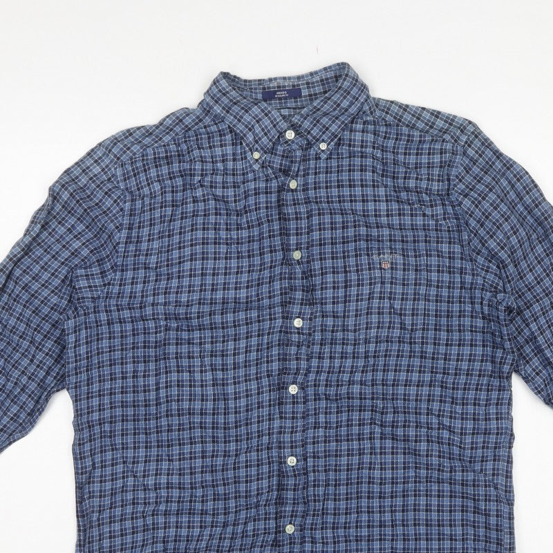 GANT Men's Blue Check Cotton Button-Down Long Sleeve Shirt L