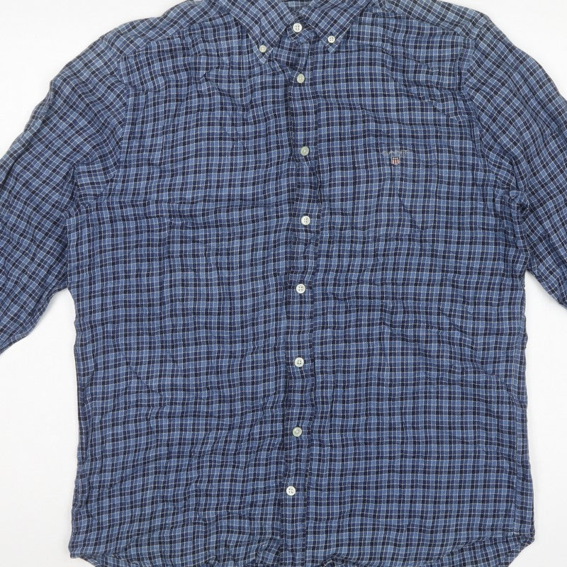 GANT Men's Blue Check Cotton Button-Down Long Sleeve Shirt L