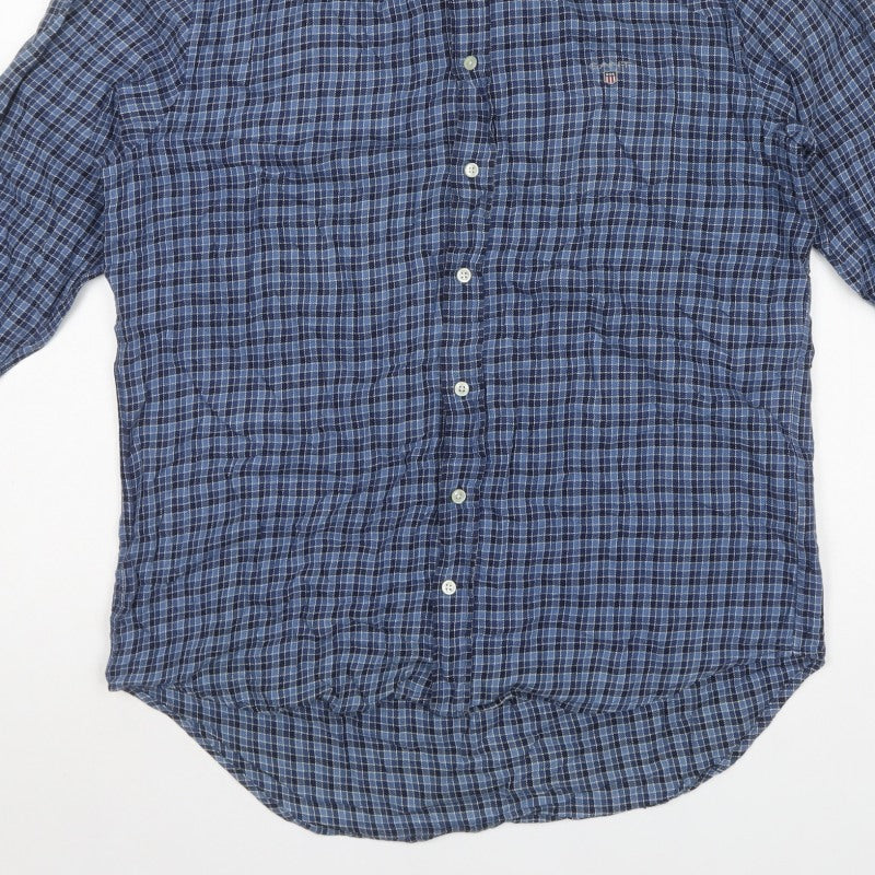 GANT Men's Blue Check Cotton Button-Down Long Sleeve Shirt L