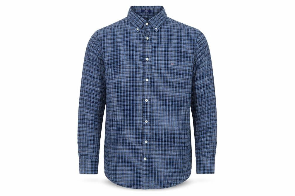 GANT Men's Blue Check Cotton Button-Down Long Sleeve Shirt L