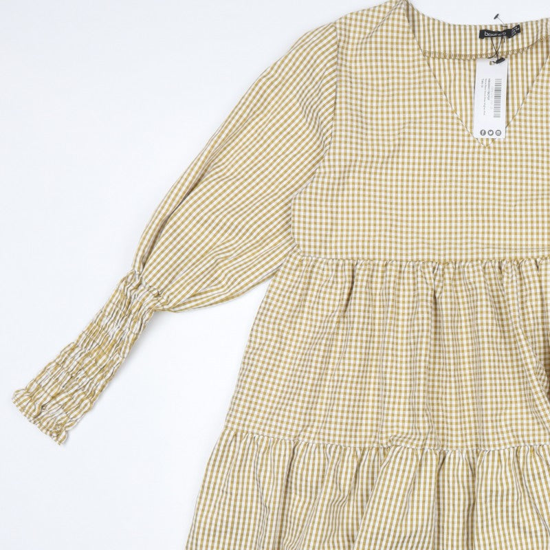 Boohoo Women Beige Gingham UK 12 A-Line Tiered Knee Dress