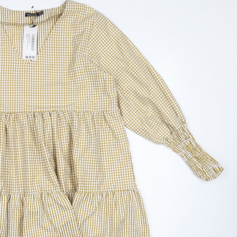 Boohoo Women Beige Gingham UK 12 A-Line Tiered Knee Dress