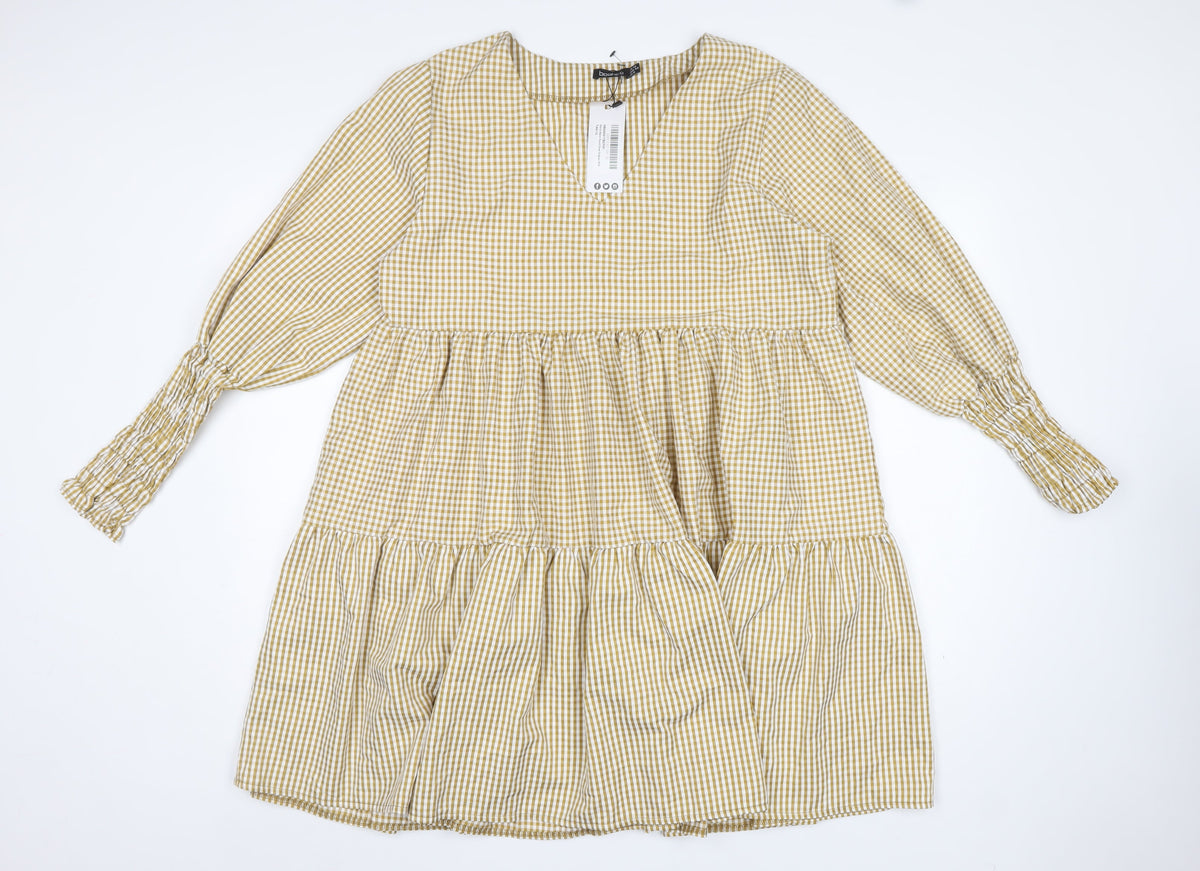 Boohoo Women Beige Gingham UK 12 A-Line Tiered Knee Dress