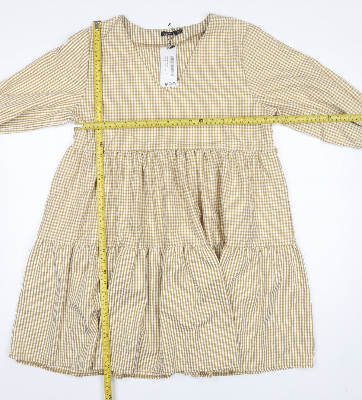 Boohoo Women Beige Gingham UK 12 A-Line Tiered Knee Dress