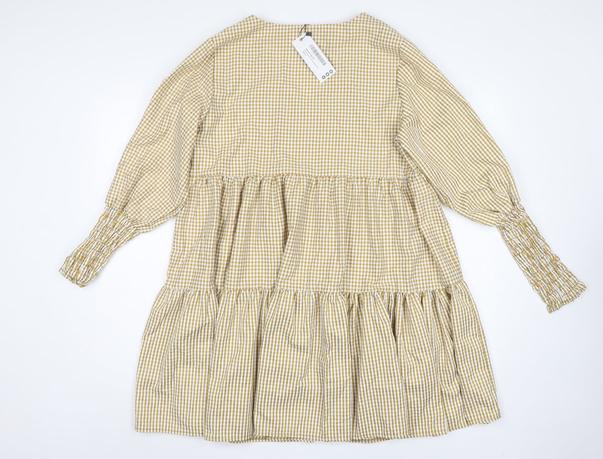 Boohoo Women Beige Gingham UK 12 A-Line Tiered Knee Dress