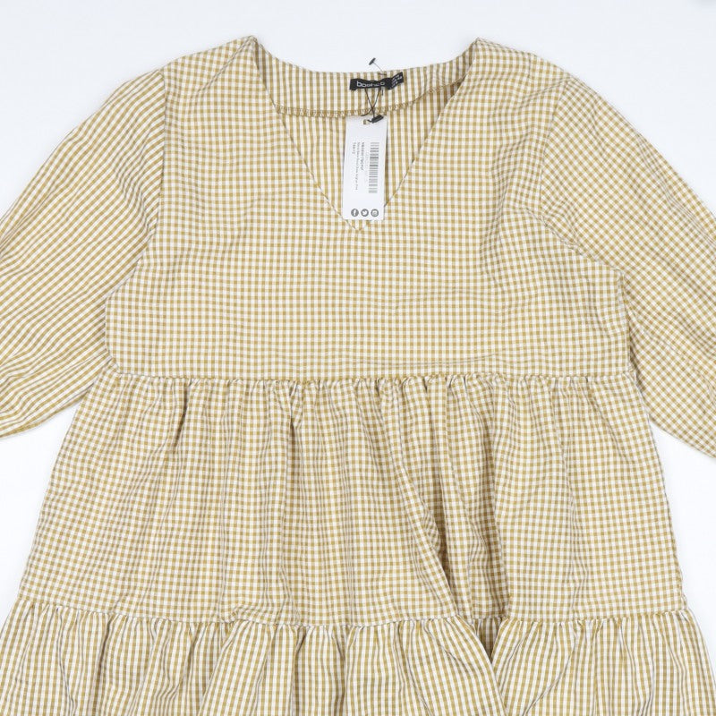 Boohoo Women Beige Gingham UK 12 A-Line Tiered Knee Dress
