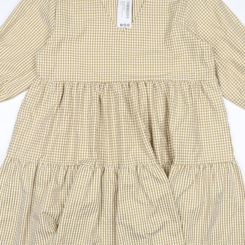 Boohoo Women Beige Gingham UK 12 A-Line Tiered Knee Dress